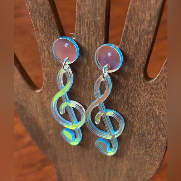 Jewelry - Holographic Treble Clef Dangle Earrings | Iridescent Blue